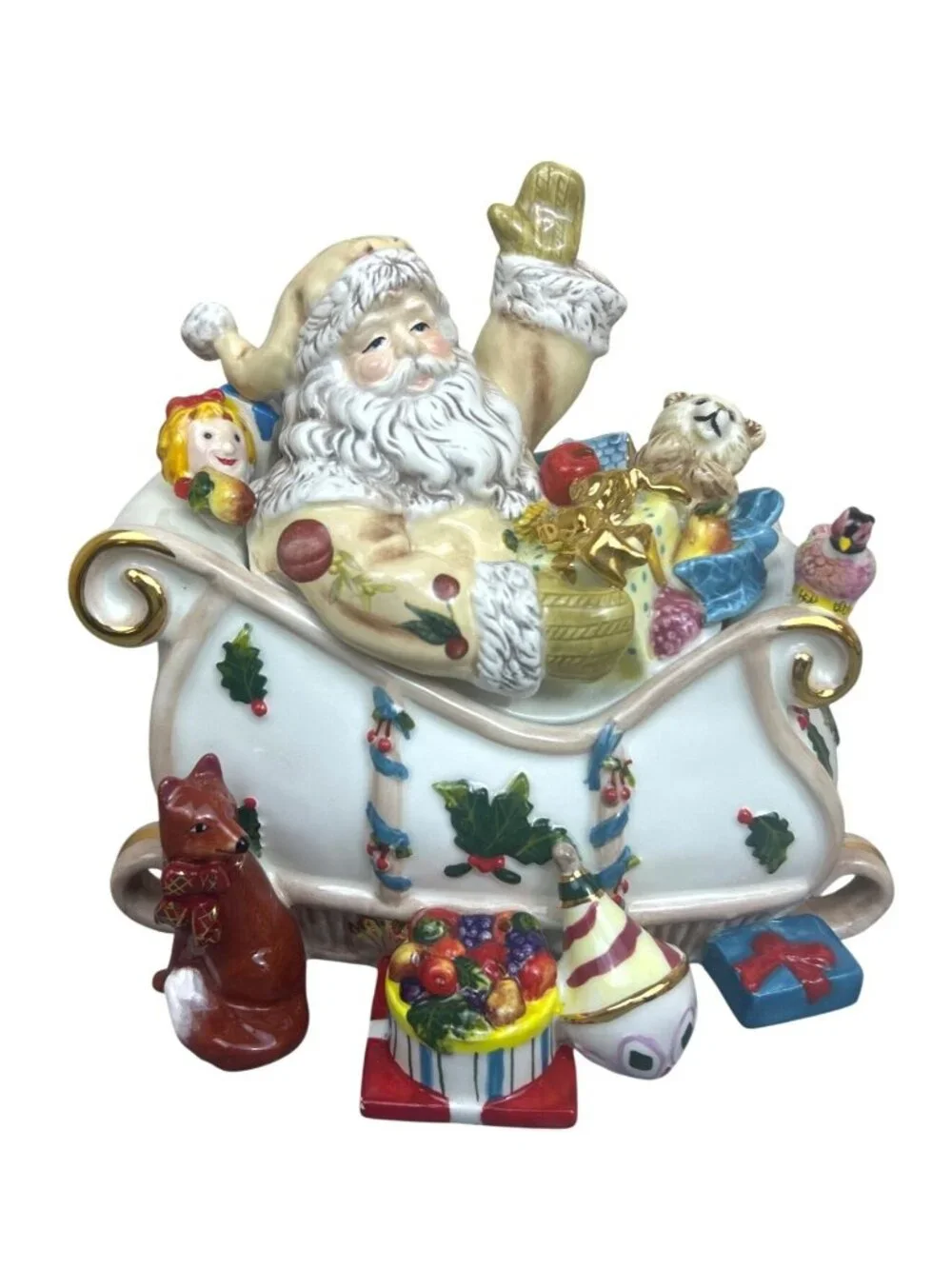 Waterford Holiday Heirlooms Georgian Santa Sleigh Ceramic Candy Jar Gold Rim Lid